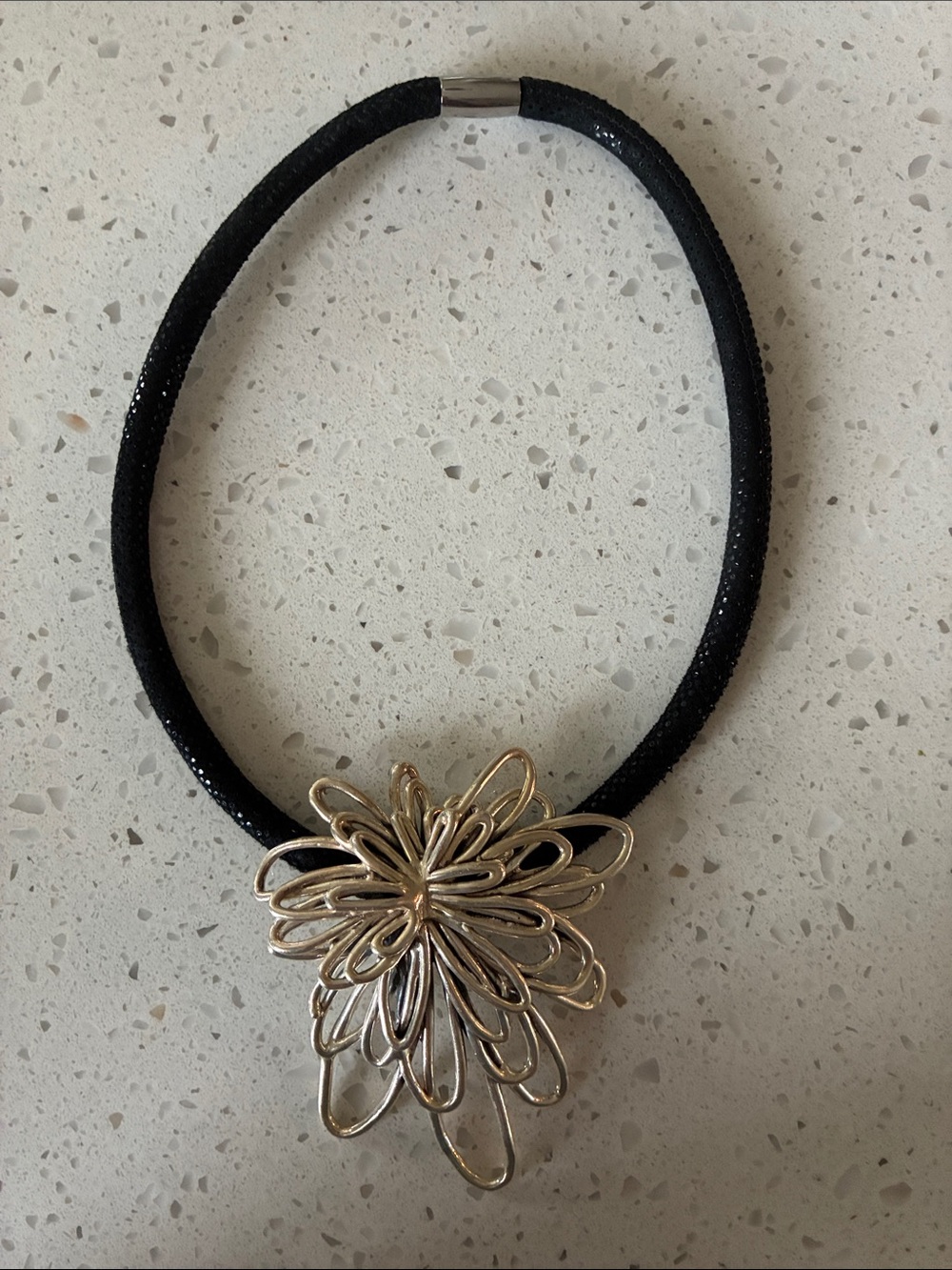 18” Black Sparkle Cord Necklace with Sterling Silver Floral Pendant